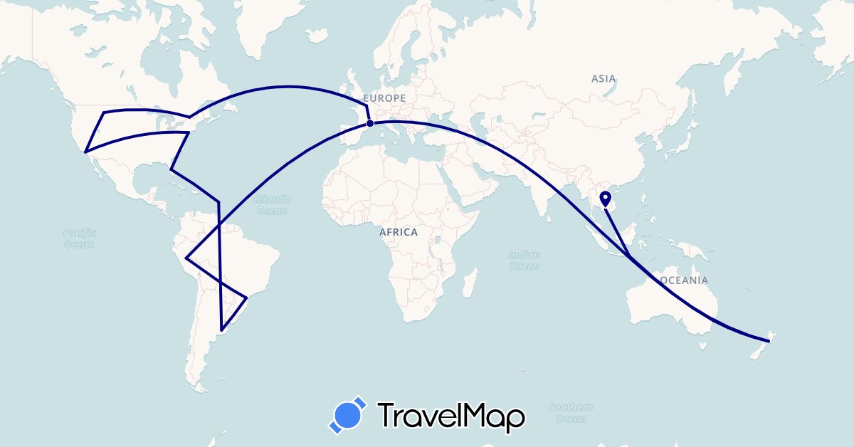 TravelMap itinerary: driving in Argentina, Australia, Brazil, Canada, France, Indonesia, Cambodia, Martinique, New Zealand, Peru, Singapore, United States (Asia, Europe, North America, Oceania, South America)